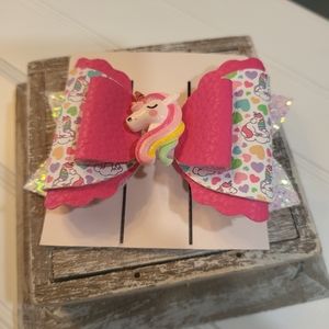 NWT Darling Pink and Rainbow Colored Clip Bow, Faux Leather, Made in USA